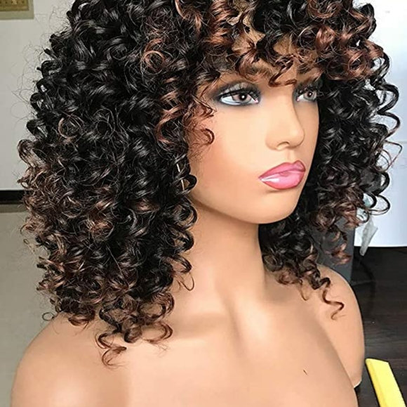Afro curly Wigs Black with Warm Brown Highlights - Picture 3 of 5